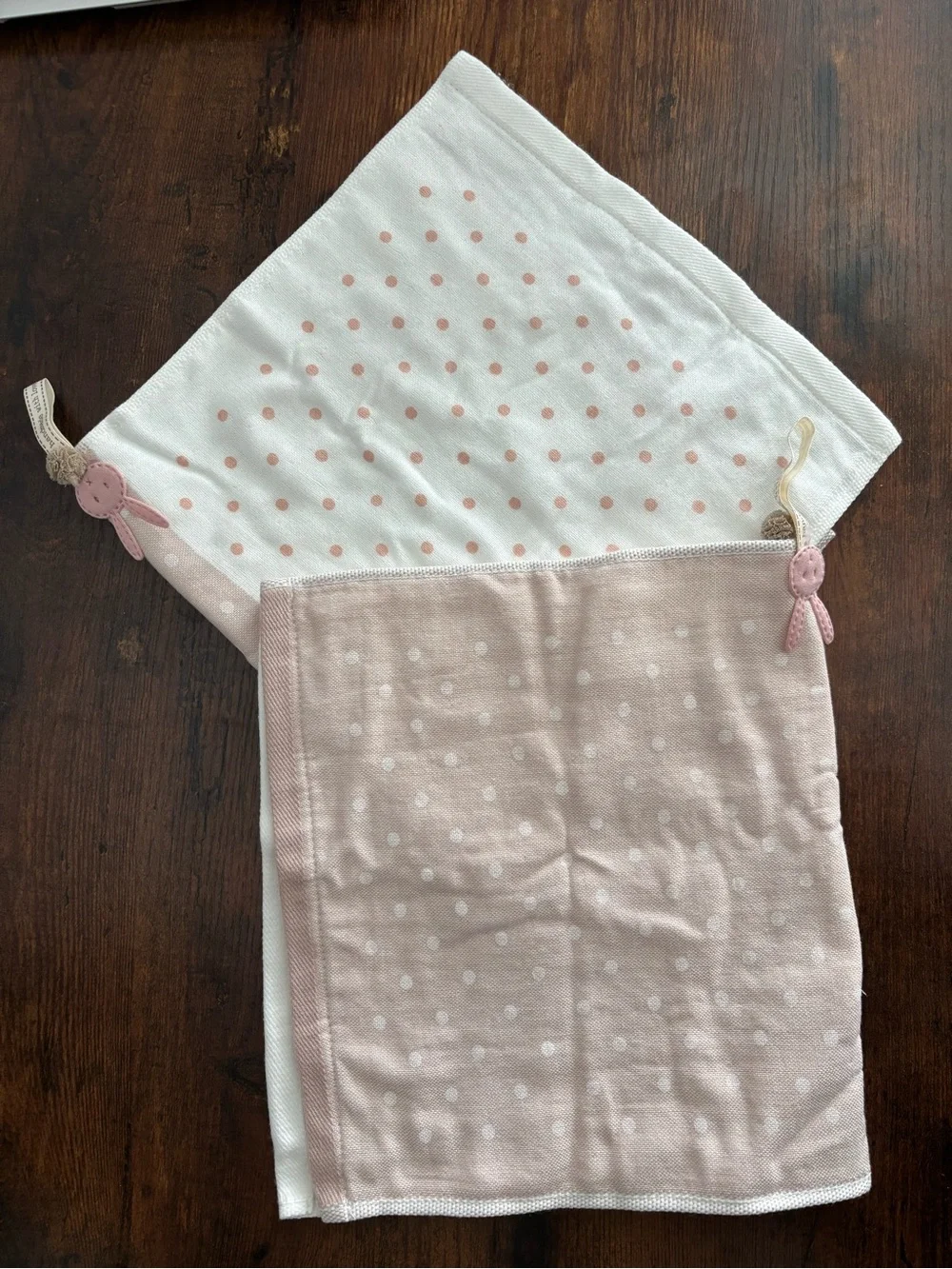 Hand Towels Set of 2, 100% Cotton, Pink Polka Dot, Handmade Bunny Accent